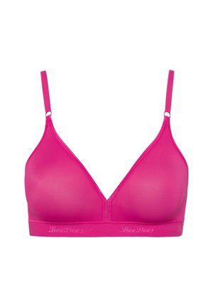 Rosa Trikini aus glattem, dehnbarem Material. Verfügt über dünne Träger und einen weichen Bund mit strukturiertem Logo. Ohne Bügel.