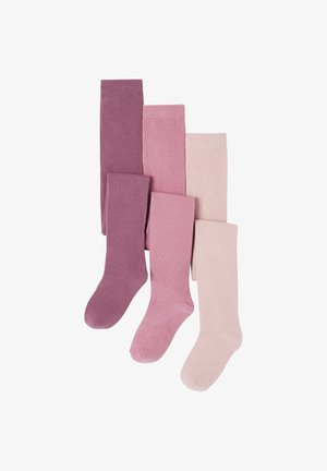 Fünf Paar dicke Socken in verschiedenen Farbtönen von Lila und Rosa. Das Design ist einfarbig mit einer weichen Textur und einer standardmäßigen Knielänge.