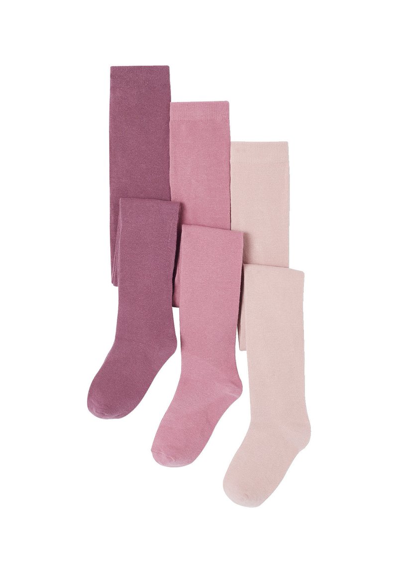 Fünf Paar dicke Socken in verschiedenen Farbtönen von Lila und Rosa. Das Design ist einfarbig mit einer weichen Textur und einer standardmäßigen Knielänge.