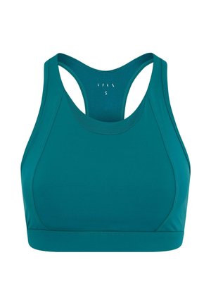 Reggiseno sportivo teal in un design senza cuciture con taglio racerback, caratterizzato da una texture liscia e bordi arrotondati per comfort e supporto.