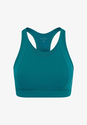 Reggiseno sportivo teal in un design senza cuciture con taglio racerback, caratterizzato da una texture liscia e bordi arrotondati per comfort e supporto.