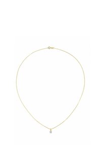 Złoty naszyjnik z delikatnym łańcuchem i małym, kwadratowym diamentowym wisiorkiem. Zapięcie w stylu homara zapewnia bezpieczne noszenie.