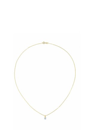 Gouden ketting met een delicate schakel en een kleine, vierkante diamant hanger. De sluiting is van het populaire kreeftenstijl, wat zorgt voor een veilige bevestiging.