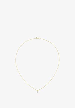 Guldfarvet halskæde med en delikat kæde og en lille, kvadratisk diamanthæng. Låsen er i hummerstil, hvilket sikrer en sikker bæring.