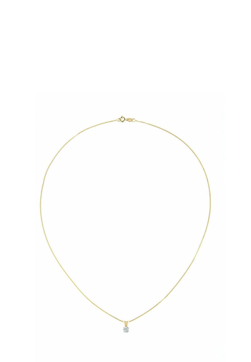 Złoty naszyjnik z delikatnym łańcuchem i małym, kwadratowym diamentowym wisiorkiem. Zapięcie w stylu homara zapewnia bezpieczne noszenie.