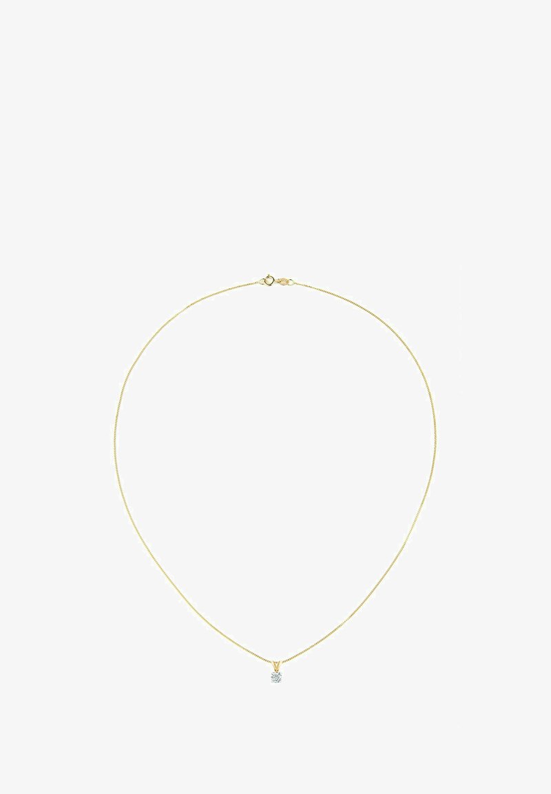Złoty naszyjnik z delikatnym łańcuchem i małym, kwadratowym diamentowym wisiorkiem. Zapięcie w stylu homara zapewnia bezpieczne noszenie.