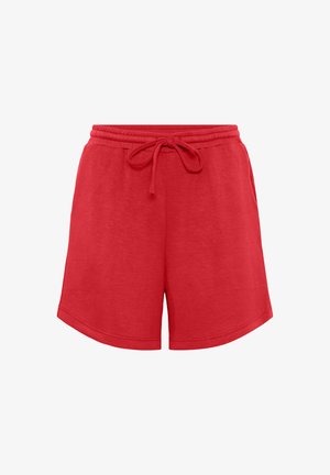 Shorts di cotone rossi con vita a coulisse, caratterizzati da una texture liscia e un taglio dritto, ideali per un abbigliamento casual o per l'esercizio.