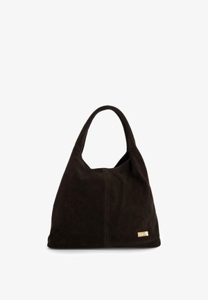 Dark brown suede hobo bag with a curved handle, soft texture, and a gold accent logo. Seam detail runs vertically along the front.