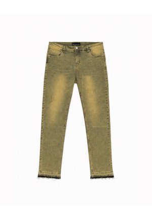Slim-fit olijfgroene spijkerbroeken met vervaagde details, voorzakken, knoop- en ritssluiting en rafelige zoom.