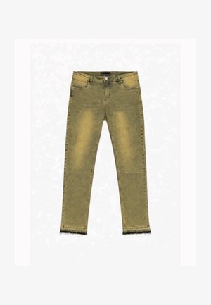 Slim-fit olijfgroene spijkerbroeken met vervaagde details, voorzakken, knoop- en ritssluiting en rafelige zoom.