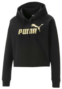 Schwarzes, kurzes Sweatshirt mit Kapuze, das ein goldenes Puma-Logo auf der Vorderseite zeigt. Hergestellt aus einem weichen Material mit gerippten Bündchen.