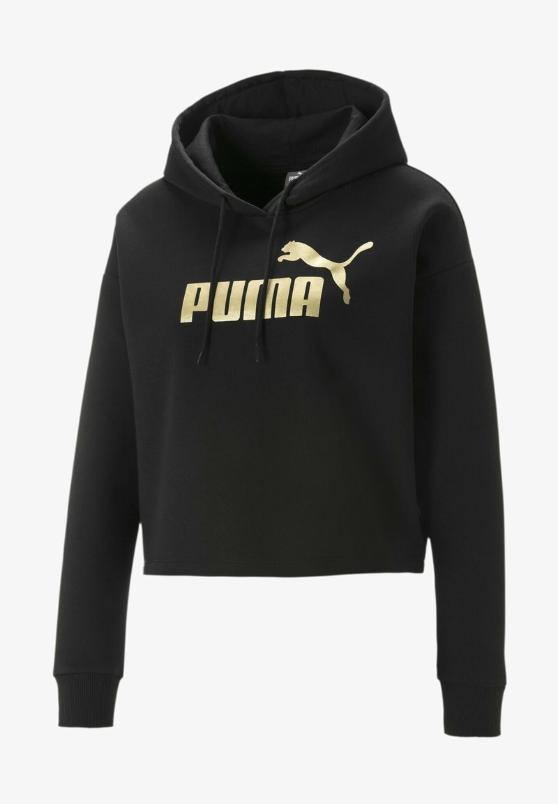 Schwarzes, kurzes Sweatshirt mit Kapuze, das ein goldenes Puma-Logo auf der Vorderseite zeigt. Hergestellt aus einem weichen Material mit gerippten Bündchen.