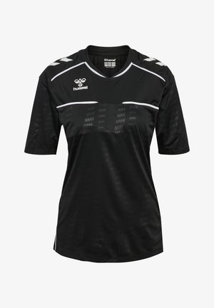 Czarna sportowa koszulka z krótkim rękawem wykonana z gładkiej tkaniny. Posiada białe akcenty, okrągły kołnierz oraz subtelne, teksturowane paski na przodzie.