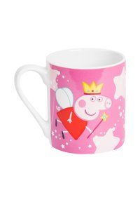 Tazza in ceramica bianca con sfondo rosa raffigurante un personaggio dei cartoni animati vestito da principessa, decorata con stelle e una bacchetta.