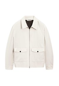 Lysbeige zip-up jakke med krave, to forlommer og sorte knapdetaljer. Lavet af et glat stof med en løs pasform.