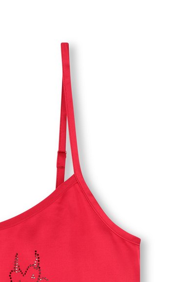 Rode camisole met verstelbare bandjes, een gladde textuur en een decoratief strasspatroon aan de voorkant.