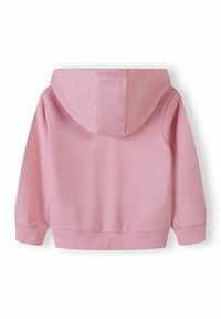 Vaaleanpunainen huppari, jossa on ribbikuvioidut hihansuut ja helma. Hupparissa on sileä pinta ja yksinkertainen muotoilu, kuvattu takaa.