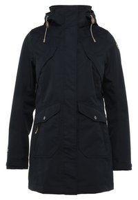 Manteau d'hiver noir à capuche avec fermeture éclair devant, poches à boutons-pression, cordons réglables à la capuche et manches longues.