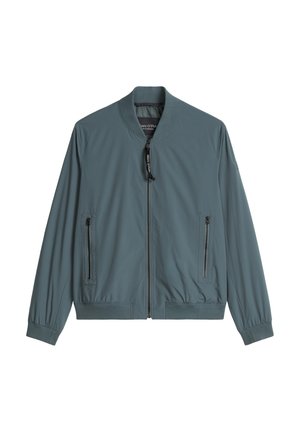 Leichte Herren-Blau-Grau-Bomberjacke mit Reißverschluss, zwei vorderen Reißverschlusstaschen und geripptem Kragen, Bündchen und Saum.