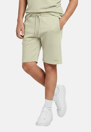 Lichtgroene katoenen shorts met een elastische tailleband, zijzakken en een gladde textuur, gecombineerd met witte sneakers en kousen tot halverwege de kuit.