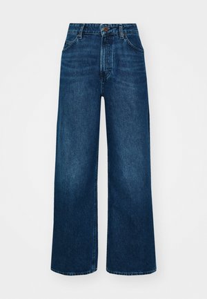High-waisted, wide-leg jeans in dark blue denim with a smooth texture, contrast stitching, and five-pocket design. Front button closure.