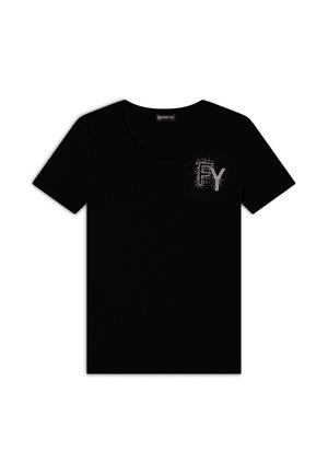 T-shirt nera a maniche corte, collo rotondo, con un design in strass "FY" sull'area sinistra del petto, realizzata in morbido tessuto di cotone.