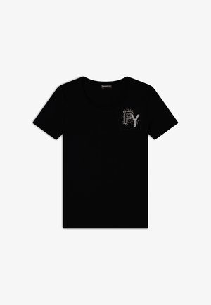 T-shirt nera a maniche corte, collo rotondo, con un design in strass "FY" sull'area sinistra del petto, realizzata in morbido tessuto di cotone.