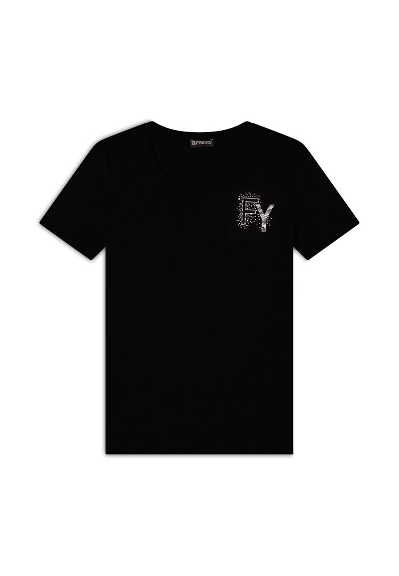 Camiseta negra de manga corta, cuello redondo, con un diseño de strass "FY" en el área del pecho izquierdo, fabricada en suave tejido de algodón.