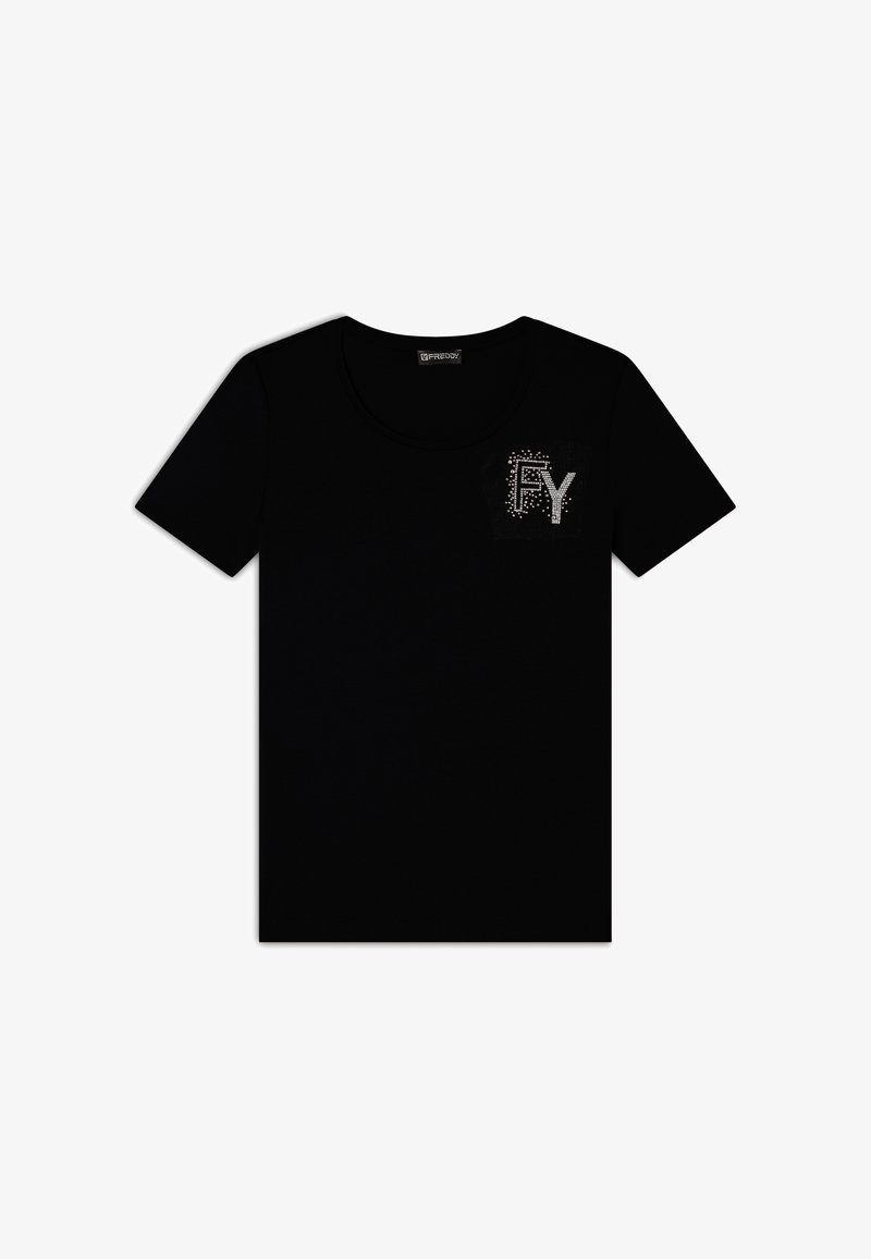 Camiseta negra de manga corta, cuello redondo, con un diseño de strass "FY" en el área del pecho izquierdo, fabricada en suave tejido de algodón.
