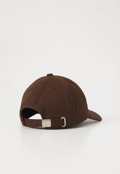 Dark brown adjustable baseball cap with metal buckle closure shown from the back on a plain white background.