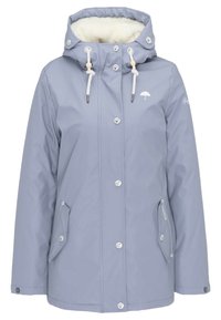 Veste imperméable bleu clair avec intérieur en peluche, capuche ajustable, boutons-pression et poches latérales. Présente un petit logo parapluie.