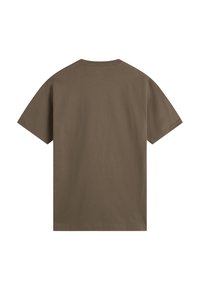 Braunes Baumwoll-T-Shirt mit kurzen Ärmeln, rundem Hals und glatter, einfarbiger Textur. Keine sichtbaren Muster oder Verzierungen.