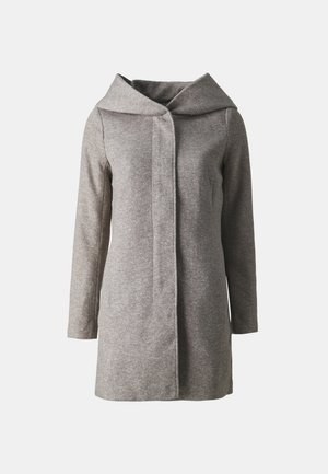 Gray hooded coat featuring long sleeves, a front closure, and a textured fabric. The design is minimalistic with a soft, draping effect.