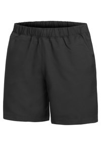 Schwarze Shorts mit einem elastischen Bund, zwei seitlichen Taschen, einer glatten Textur und einem einfachen, geraden Saum. Geeignet für den Freizeitlook.
