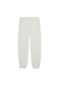 Ανοιχτό γκρι φόρμας από μαλακό μείγμα βαμβακιού, με ελαστική μέση και στενά μανσέτες στους αστραγάλους. Απλός σχεδιασμός, χωρίς σχέδια.