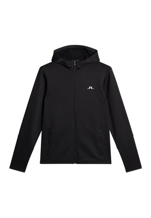 Haut à capuche zippé noir en tissu lisse, avec une capuche, des manches longues et des poches latérales. Un petit logo blanc est présent sur la poitrine.