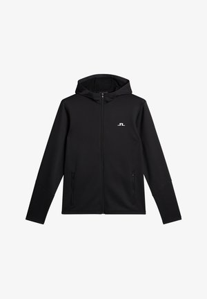 Czarna bluzka z zamkiem, wykonana z gładkiego materiału, z kapturem, długimi rękawami i bocznymi kieszeniami. Na klatce piersiowej znajduje się małe białe logo.