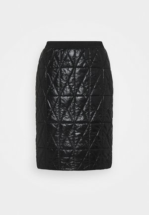 Jupe crayon noire matelassée avec une texture lisse et brillante et un motif en diamant. La taille élastique offre élasticité et confort.