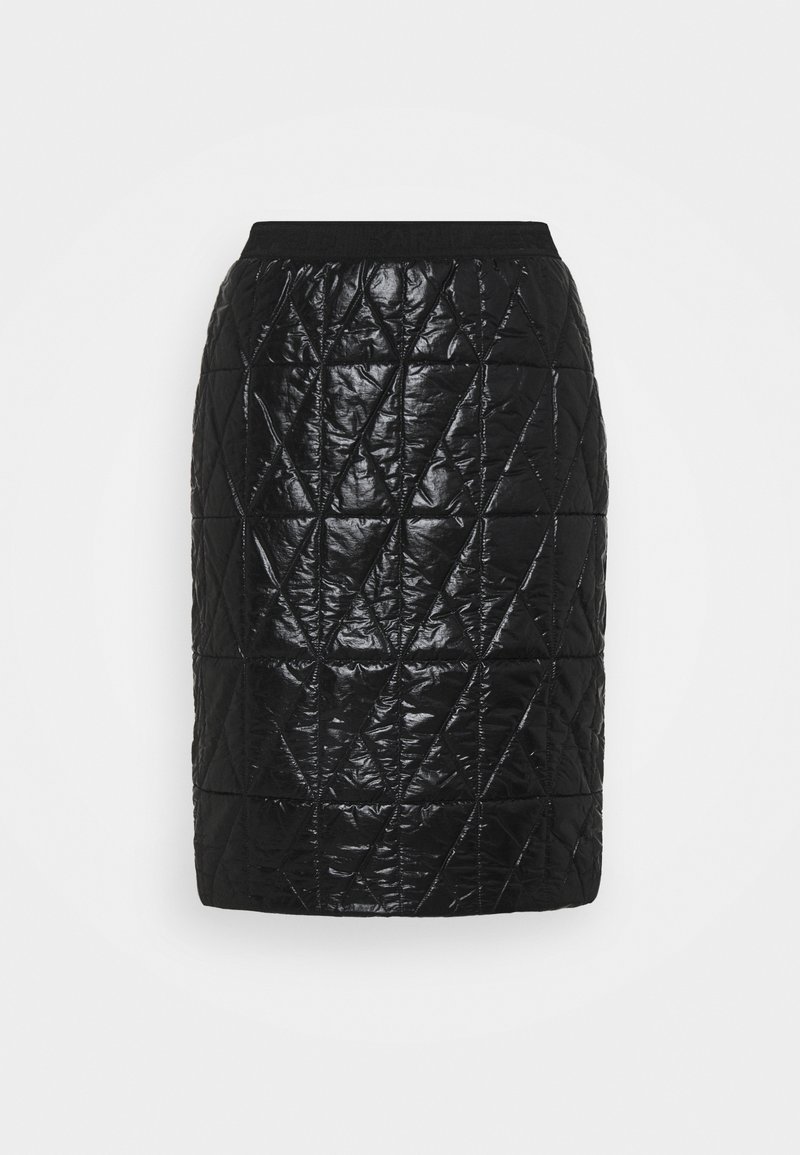 Jupe crayon noire matelassée avec une texture lisse et brillante et un motif en diamant. La taille élastique offre élasticité et confort.