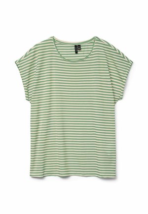 Luźna koszulka z krótkim rękawem, z poziomymi paskami w kolorze jasnej zieleni i kremowym oraz okrągłym dekoltem.