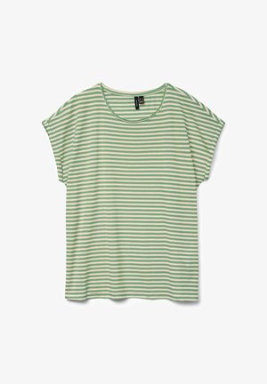 Kortärmelig loszittende T-shirt met horizontale lichtgroene en crèmekleurige strepen en een ronde hals.