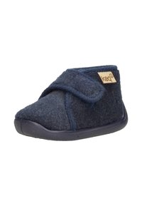 Dark blue fabric baby boot with a front Velcro closure, rounded toe, and rubber sole. Features a small logo tag on the side.