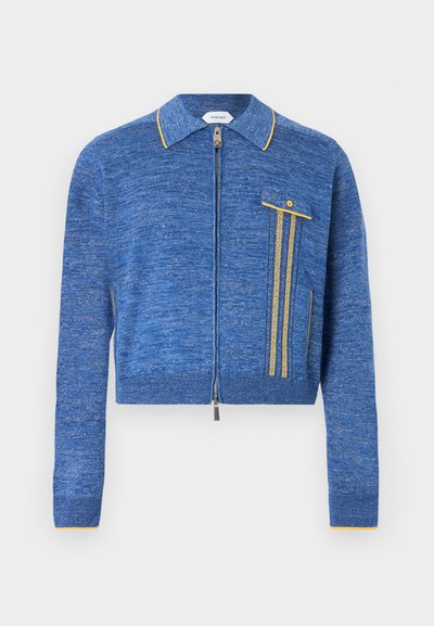 Μπλε πλεκτή ζακέτα με φερμουάρ, κίτρινη επένδυση, γιακά, μακριά μανίκια και τσεπάκι στο στήθος με κουμπιά και κάθετα διακοσμητικά σχέδια.