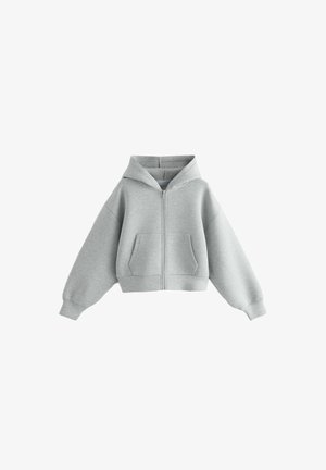 Sweat à capuche zippé gris, court, fabriqué en tissu doux. Il possède une capuche, deux poches avant et des manches larges. Texture lisse sans motifs.