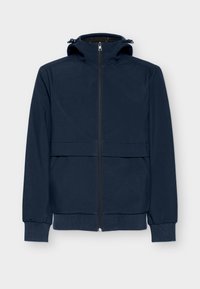 Mørkeblå hættejakke med fuld frontlynlås, to forlommer, ribbede manchetter og en glat, let stoffinish.