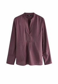 Langærmet, blommefarvet bluse med V-hals og mandarin-krave, lavet af let skinnende stof, fladt præsenteret mod en hvid baggrund.