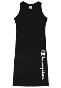 Czarna sukienka bez rękawów z bawełny, o prostym kroju z białym logo "Champion" nadrukowanym z boku. Prosty i casualowy design.
