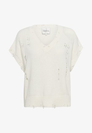 Fehér kötött pulóver V-nyakkal, rövid ujjakkal és kopott részletekkel. Texturált anyag, bordázott részletekkel az alján és az ujjaknál.