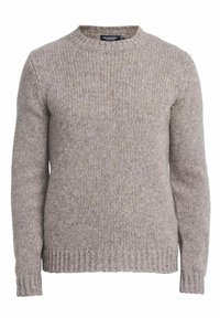 Hellgrauer Strickpullover mit gerippter Textur, Rundhalsausschnitt, langen Ärmeln sowie gerippten Bündchen und Saum. Strapazierfähiges Material, lässige Passform.