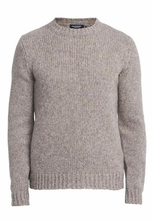 Maglione lavorato a maglia grigio chiaro con texture a coste, scollo rotondo, maniche lunghe e polsini e orlo a coste. Materiale durevole, vestibilità casual.